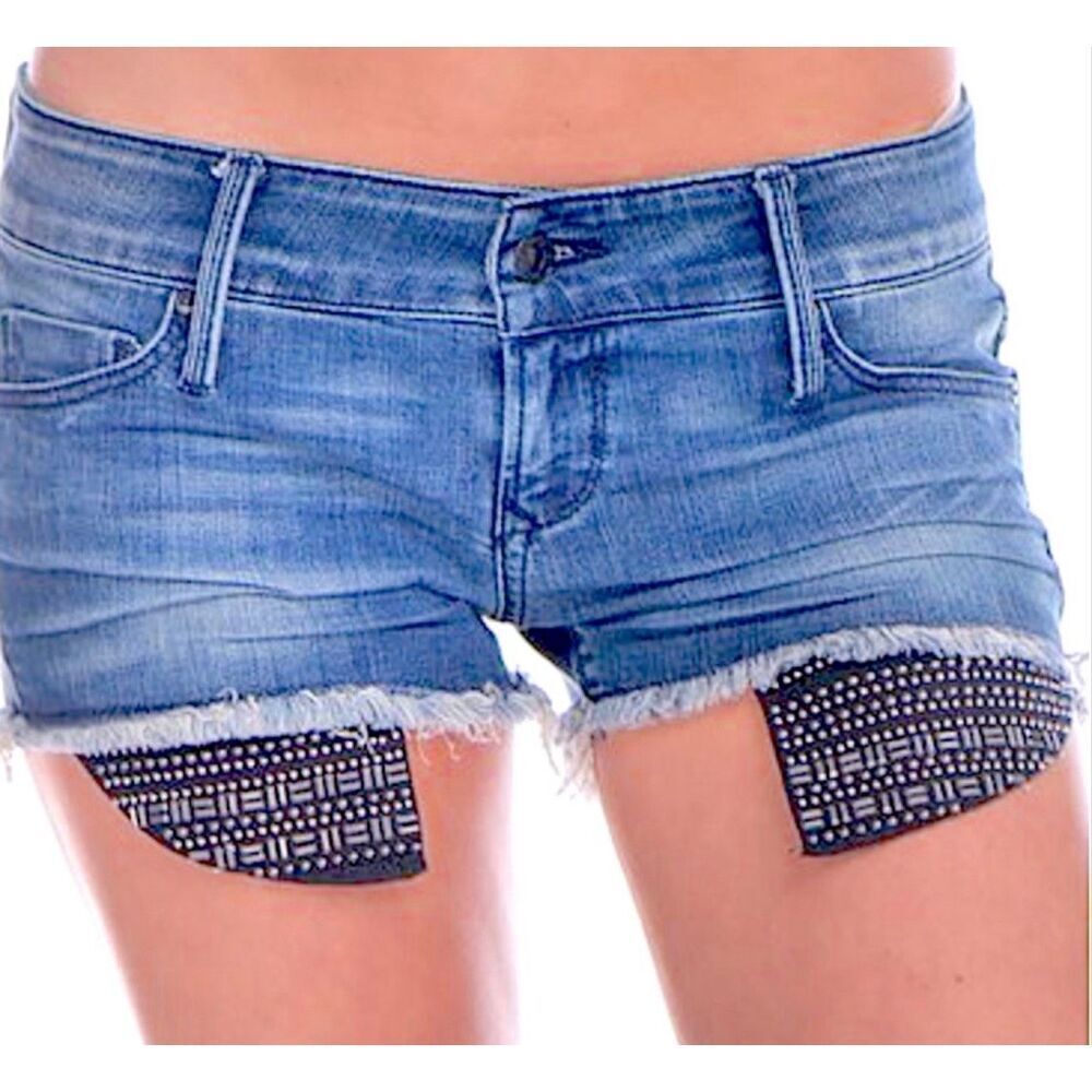 Black Orchid Lola Studded Cut Off Denim Shorts in Gold Finger Dark Medium Wash -